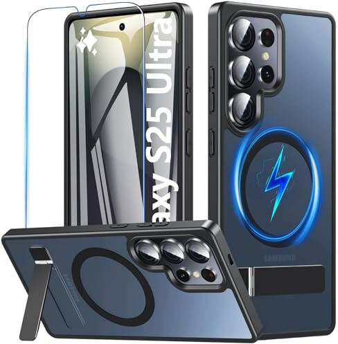 BESINPO Hülle für Samsung Galaxy S25 Ultra für MagSafe mit Ständer und Displayschutz, Magnetische Schutzhülle integrierter Versteck-Ständer Handyhülle für Samsung S25 Ultra, Schwarz