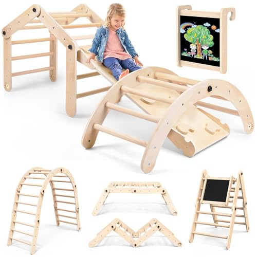 8-in-1 Montessori Klettergerüst Indoor Set, Verformbares Kletterdreieck mit Rutsche, Kletterbogen und Kreidetafel, Ideal für Babys & Kleinkinder 1-6 Jahre, Fördert Spiel, Bewegung und Kreativität