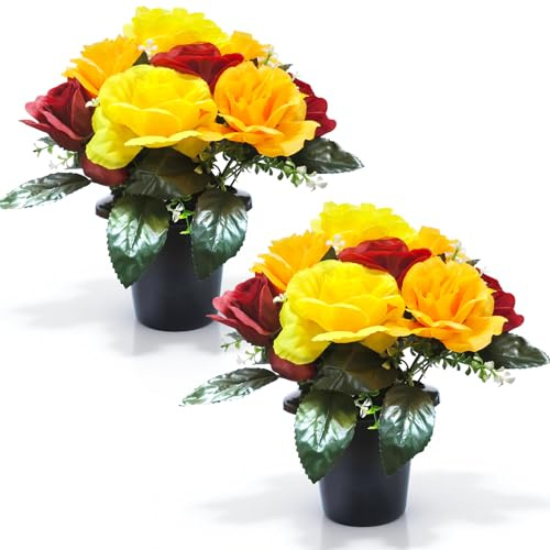 2 Set Artificial Flowers for Graves in Pot with 12-Head Yellow Red Roses Flake Plastics Silk Funeral Memorial Cemetery Christmas Grave Flowers Outdoor Graveside Ornaments for Granddad Mum Dad Friend