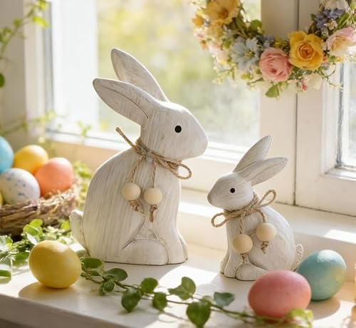 Osterdeko Holz Osterhase Figuren, 2 Stück Ostern Deko Osterhase Deko Frühling Tischdeko zum Hinstellen, Hase Deko für Ostern & Frühling, Moderne Holzfiguren Frühlingsdeko für Tisch, Fensterbank (A)