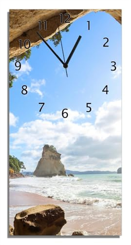 Wallario Design-Wanduhr Felsbogen mit Blick aufs Meer aus Glas, Motiv-Uhr Größe 30 x 60 cm, Schwarze Zeiger
