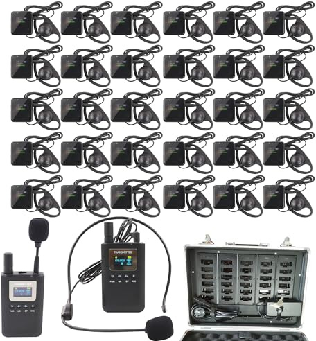 LOUKIENE Wireless Tour Guide System, Tour Guide Microphone and Speaker Tour Guide Headsets, 2 Transmitters 30 Receivers 1 Charger Storage Case, Bluetooth Headsets System for Training Church Factory