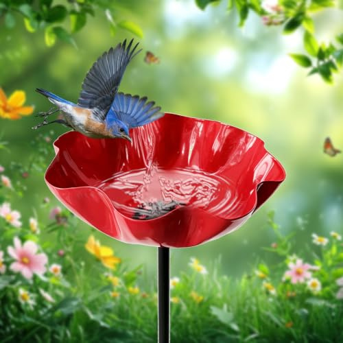 Metal Bird Bath, Standing Flower, Bee Drinker & Insect Drinker, Garden, Garden Stake with Flower Bowl, Bird Bath Balcony for Lawn, Patio, Flower Bed and Outdoor Garden Decoration (Red/1 Piece)