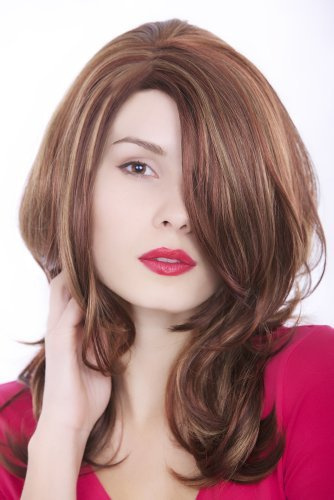 INCREDIBLY SEXY Lady Quality Wig LONG wavy voluminous BROWN BRUNETTE with RED & BLOND strands streaked PARTING GFW976-33H130H27