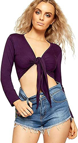 Red Olives Women's Ladies Plain Bolero Front Tie Shrug Cropped Long Sleeve Stretch Cardigan Top UK 8-22