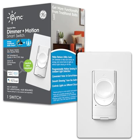 C by GE 4-Wire Smart Motion Sensor Light Switch, Smart Dimmer Switch Works with Google Home + Alexa, Dimmer Switches Without Hub, Bluetooth/WiFi Dimmer Switch, Single-Pole/3-Way Smart Switch, 1-Pack