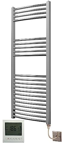 Greened House Electric Chrome 500W x 1000H Curved Towel Rail + Timer and Room Thermostat Bathroom Towel Rails