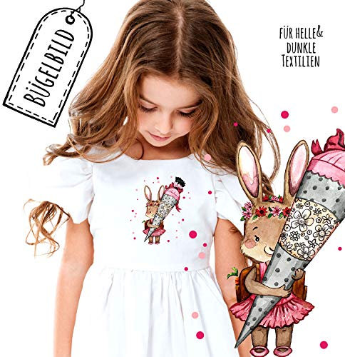 Bügelbilder zum Schulanfang Häschen mit Schultüte Punkte Applikation Kissen Shirt Taschen Bügelbild Patch in A5 bb197 ilka parey wandtattoo-welt®