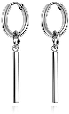 PiercingJak 1.2mm Edelstahl Abtrennbar Ohrpiercing Creole Kreolen mit Rechteck Anhänger Ohrringe Ohr Piercing Set, Silber/Schwarz (Silber, 1 Paar)