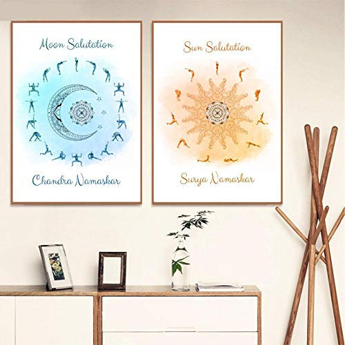 QZROOM Yoga Sonnengruß & Mondgruß Himmlische Plakate und Drucke Yoga Studio Wandkunst Dekor Yoga Geschenk Kunst Leinwand Malerei / 40x50cmx2 (kein Rahmen)