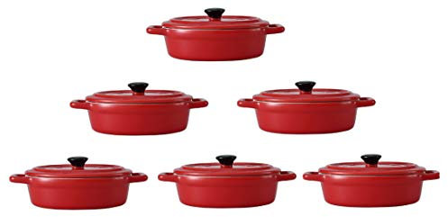 Lot de 6 Mini Cocottes Ovales Rouges Céramique Double Poignées Avec Couvercle 14cm x 6,3cm Contenance Moule 150ml Ramequin Résistant Haute Température Four Pour Petits Plats (Rouge, Lot de 6)