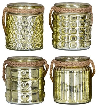 4er Set Windlicht H10cm Glas Gold Gelb Teelichthalter Tischdeko Kerzen Deko Retro Kerzenhalter Flachs