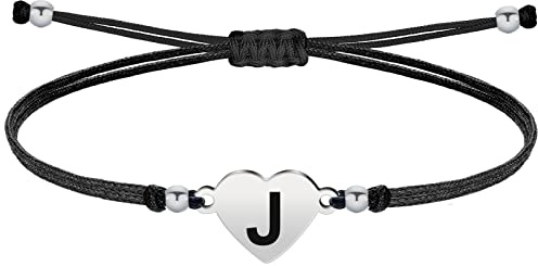 cotigo Fadenarmband mit Edelstahlbuchstaben-Initialen A-Z - handgefertigtes Damenarmband-personalisiertes armband - Geschenk-Paar, Mutter und Freundschaft (J-Silberfarben)