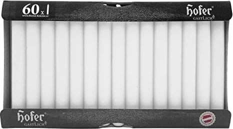 Hofer Lange Tafelkerzen, 60 Stück Set (1x60), dim. 21,5x180 mm, weiße Farbe, Lange Brenndauer ca. 5 Stunden, Set mit 60 Spitzkerzen aus tropffrei Wachs, Hergestellt in Österreich
