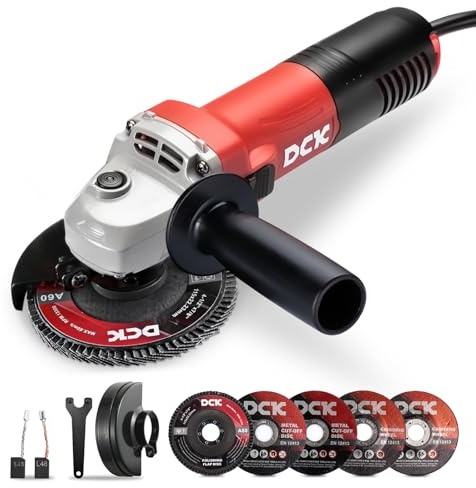 DCK Angle Grinder, 4-1/2-Inch, 6.7Amp Cut off Tool Grinder, 11,800 RPM with 2 Safety Guards, 6-Piece Discs (2 Cutting/2 Grinding/2 Flap Discs), Professional Angle Grinder for Metal, Wood (KSM09-115S)