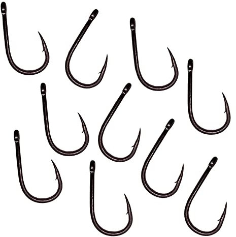 Carp On - Packs of 10 Size 8 WIDE GAPE Fishing Hooks Eyed - Made From Teflon Coated Carbon Steel (Micro Barbed - Camo Brown, Pack of 10 - Size 8) [14-7208]
