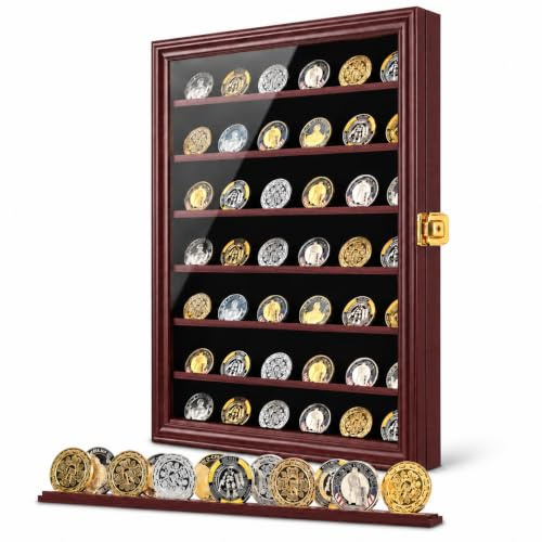 Jinchuan Militärische Herausforderung Münzvitrine abschließbarer Schrankhalter Schattenbox mit abnehmbaren 2 Rillen Ablagen und Anti-Staubtür für Casino Poker Chips Sammlerstücke, groß, Mahagoni