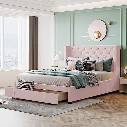 FEZTOY Polsterbett 140x200 cm Bett mit Lattenrost, Rückenlehne und Großer Schublade, Doppelbett, Erwachsenen, Jugendbett, Leinen, Ohne Matratze, Rosa
