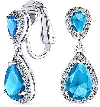 Blau Träne CZ Halo Abschlussball Tropfen Statement Kron Clip Auf Ohrringe Simuliert Saphir Zirkonia Silber Vergoldet Messing