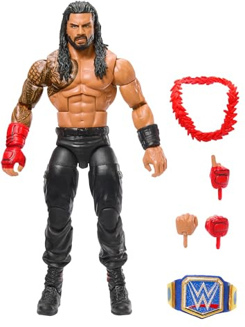 Mattel WWE Top Picks Elite Actionfigur- und Zubehörset, ca. 15 cm große Roman Reigns Sammelfigur mit austauschbaren Händen, Ringausrüstung und 25 Bewegungspunkten HWX34