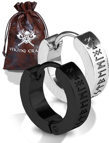 VIKING CRAFT Wikinger Ohrringe Männer Edelstahl - 1,4cm Herren Ohrringe schwarz-silber mit Runen - Wikinger Schmuck, Wikinger Deko, Keltische Ohrringe Earring, Vikings Fanartikel, Wikinger Geschenke