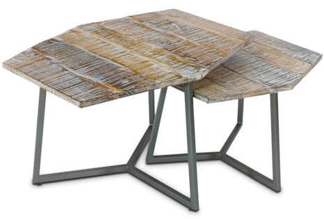 casamia Couchtisch Massivholz Wohnzimmer Tisch Paris Metall-Gestell Farbe Altsilber - weiß gekälkt