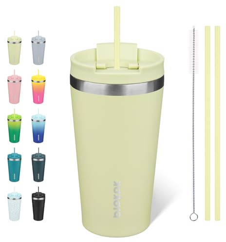 BJPKPK 530 ml Coffee Tumbler with Straw, Insulated Stainless Steel Cup | Double Wall Vacuum, Leak Proof, Keeps Hot/Cold, BPA Free, Dishwasher Safe, Cupholder Friendly, Travel, Macaron Green