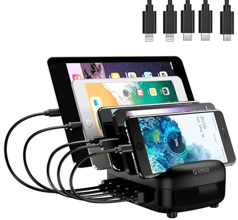 ORICO Stazione di ricarica rapida a 5 porte, per piÁ_ dispositivi, Smart Charger Organizer con 5 cavi di ricarica corti, compatibile con Apple iPad iPhone Android (5 cavi di ricarica inclusi)