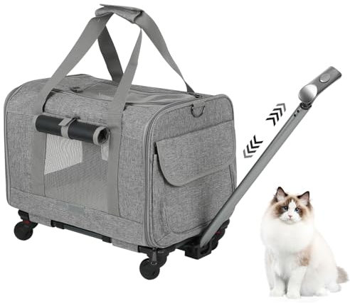 Transporttasche mit Rollen für Katze und Hunde, Tragetasche mit Teleskopgriff und Abnehmbaren Rädern, Faltbare Haustiertrage Transportbox mit Trolley für Kleine Mittelgroße Hund und Katzen (Grau)