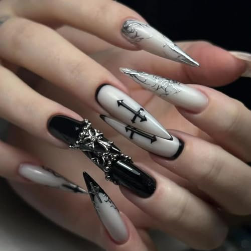 MouyouGlow Press on Nails Long,Stiletto Schwarz Silber Schmetterling Herz 3D Wasserrippel Crystal Chrome Gothic Fake Nails mit Nagelkleber,Halloween Black Silver Künstliche Fingernägel