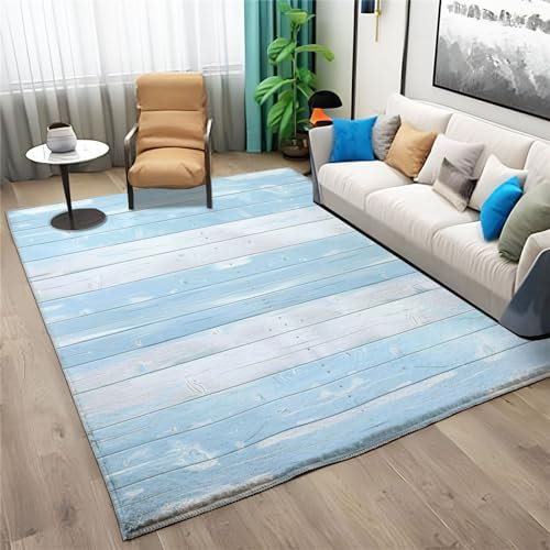 Quixora Gestreiftes Brett Teppich für das Wohnzimmer Blau Weiss Kurzfloriger Teppich Geeignet Schlafzimmer, Kinderzimmer Teppich waschbar rutschfest, Teppiche 80 x 150 cm
