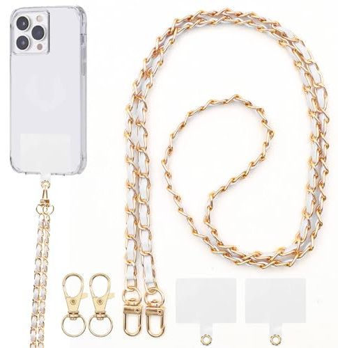 BORISCA Chaine Telephone Portable, Chaine de Telephone avec 2 Patchs de Rechange + 2 Fermoirs de Remplacement Laniere Telephone Cuir Pu Cordon Téléphone Universel pour les Smartphones (Blanc)
