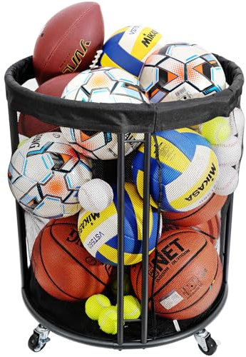Panier de rangement pour ballons, chariot de rangement pour ballons de sport, 125,5 l avec roues pour basket-ball, football, garage, école, intérieur, extérieur (amélioré)