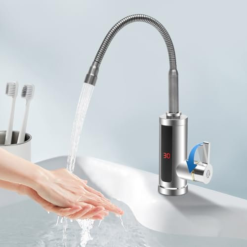 GCIUEMMH LED Elektrisch Durchlauferhitzer - Wasserhahn Sofort Heizung 3000W 360°Drehung Edelstahl Elektrisch Warmwasserhahn mit LED Temperaturanzeige für Küche Garten Bad Camping