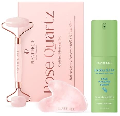 PLANTIFIQUE Rouleau de Quartz Rose et Gua Sha - Massage du Visage avec Guasha et Roller en Pierre Véritable & Serum Visage Jojoba Bio Oil - Gua Sha Huile Massage Hydratant et Anti Rides Puissant