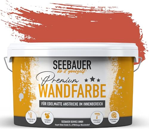 SEEBAUER diy Wandfarbe Rot 5L für Innen (No. 342 Sun Fire) Edelmatte Innenfarbe Rot Orange - Rottöne sehr hohe Deckkraft - Matt, Abwaschbar und Tropffrei