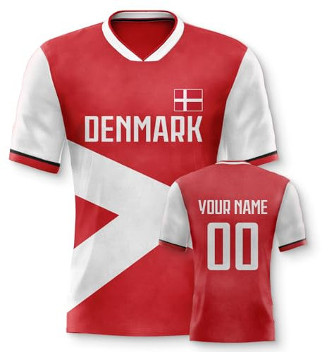 Dänemark Personalisiertes Fussball Trikot 3D Druck Football Shirt mit Ihrem Namen und Nummer Hip Hop Football Jersey für Herren Damen Kinder