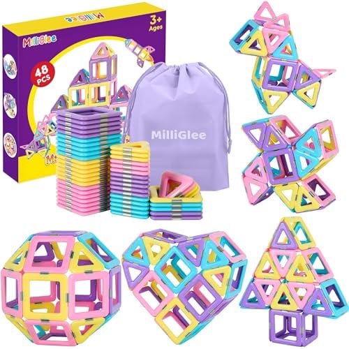 MilliGlee Magnetic Building Blocks - 48PCS Magnetic Tiles with Storage Bag for Kids Aged 3-12