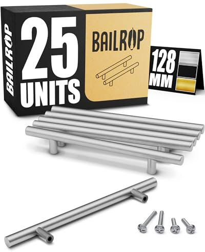BAILROP Griffe für Küchenschränke Silber, Schrankgriffe 128MM – Küchengriffe, Türgriffe Küche und Möbel-Türen, Schrankgriffe Edelstahl, Möbelgriffe, 25 Stück