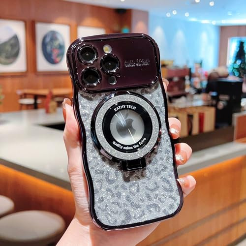 Unichthy Cute Leopard Print Phone Case for iPhone 13 All Glitter Magnetic Ring Stand Curly Wave Frame for Girls Women Bling Shiny Shockproof Soft TPU Camera Protective Cover for iPhone 13 Black