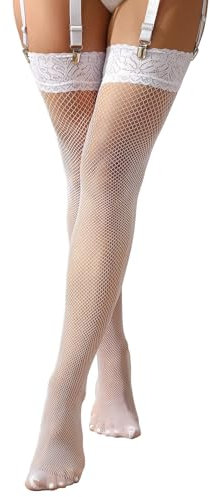 comeondear Medias Autoadhesivas Talla Grande para Mujer Sexy Encaje Medias de Rejilla con Silicona Antideslizante Lencería Ligas y Ligueros para Calcetines Blanco 3XL-5XL