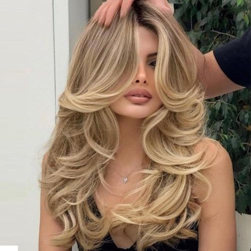 Jolelyne Long Golden Blonde Wavy Layered Wig with Curtain Bangs for White Women Synthetic Platinum Blonde Highlight Wig Light Brown Wavy with Bangs Middle Part for Daily Use