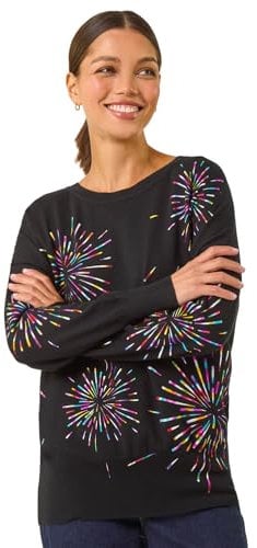 Roman Originals Women Diamante Embellished Jumper Ladies Sparkly Sequin Sweater Batwing Autumn Winter Sparkle Knit Knitwear Glittery Shiny Casual Evening Going Out Party - Noir Multi - Size 16