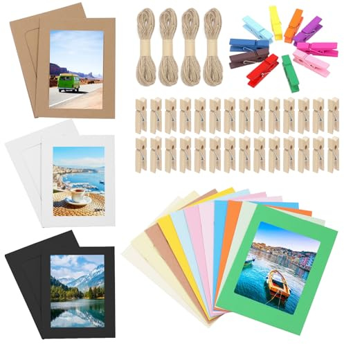Keadic 84PCS 6 Inches Paper Picture Frames 4 Colors Cardboard Photo Frame with Wooden Clips and Strings Photo Display Banner for Home Office Wedding Party Decor