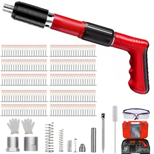 Sparachiodi,Pistola Sparachiodi,Spara Chiodi Per Cemento E Ferro,Portatile Nail Gun Regolabile con 200 Chiodi(7.3mm) Occhiali di Protezione e Custodia in Plastica Portatile per fissare (Rosso)