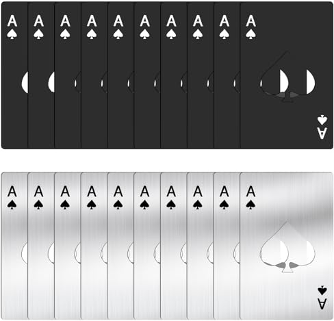 20 Stück Flaschenöffner, Pokerflaschenöffner Edelstahl, Kreativer Bottle Opener, Spielkarten kapselheber, flach Flaschenöffner für Bier, Soda, Backpulver(Schwarz & Silber)