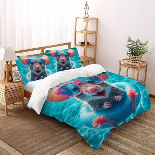 HMELTDIM Süße Pool Maus Bettwäsche Set, Süße schwimmende Maus 3D Druck Daunendeckbezug, Baumwolle, Die Feine Und Glatte, Leicht, Geeignet Für Erwachsene Und Jugendliche, Ruhiger Schlaf （220x240cm）