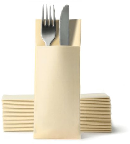 Gastroservietten.de Airlaid Besteckservietten, Bestecktaschen mit Serviette 32 cm x 40 cm, Bestecktasche Hochzeit, 50 Stück, Creme