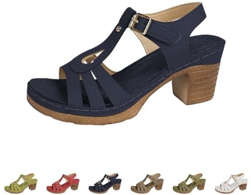 Sandali da donna con zeppa, sandali con tacco a zeppa, in morbida pelle, traspiranti, per il tempo libero, con fibbia regolabile, antiscivolo, da donna, Blu, 37 EU