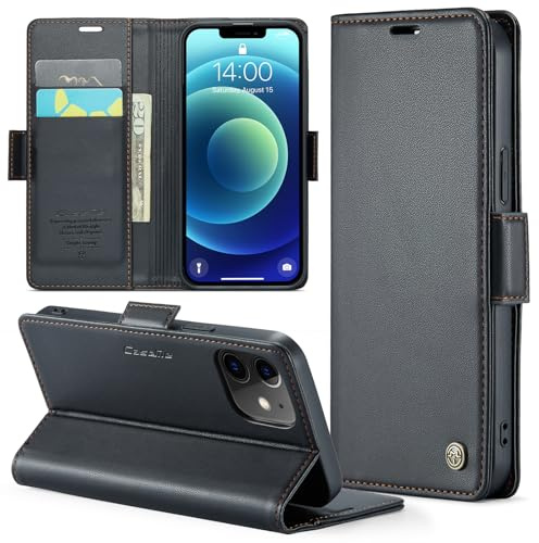 Rerzoiro Handyhülle für iPhone 12 Mini 5,4 Zoll Hülle, Premium PU Lederhülle Klappbar Flip Case [RFID Blocker] Tasche Magnet Kartenfach Klapphülle Schutzhülle für iPhone 12 Mini, Schwarz
